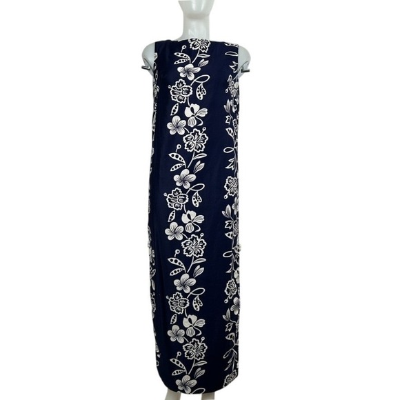 Andrade Resort Shops Dresses & Skirts - VTG 60Ss 70s Hawaiian Maxi Dress Floral White Navy Blue Side Slits Cotton SZ S